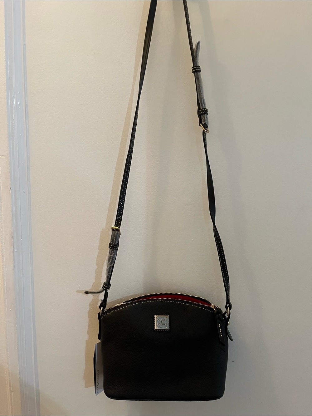 Dooney & Bourke Navy Pebble Leather Messenger Crossbody with Red Zip Accent